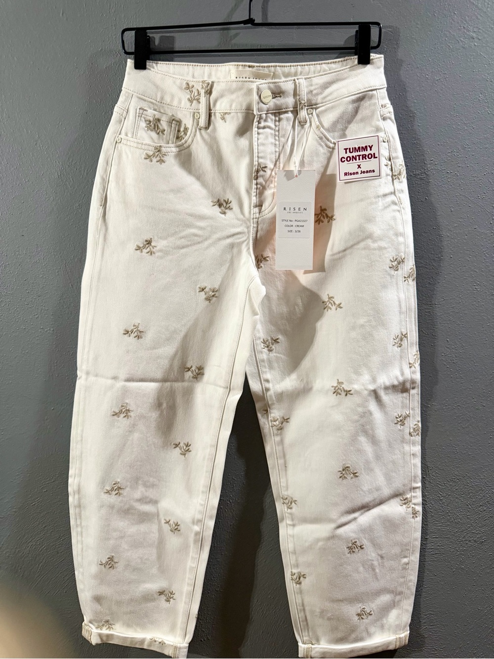 RISEN Cream Embroidered High-Rise Cropped Jeans
